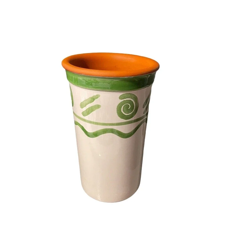 Hand Painted Terra Cotta Wine Chiller/Kitchen Utensil Holder Design Green/White
